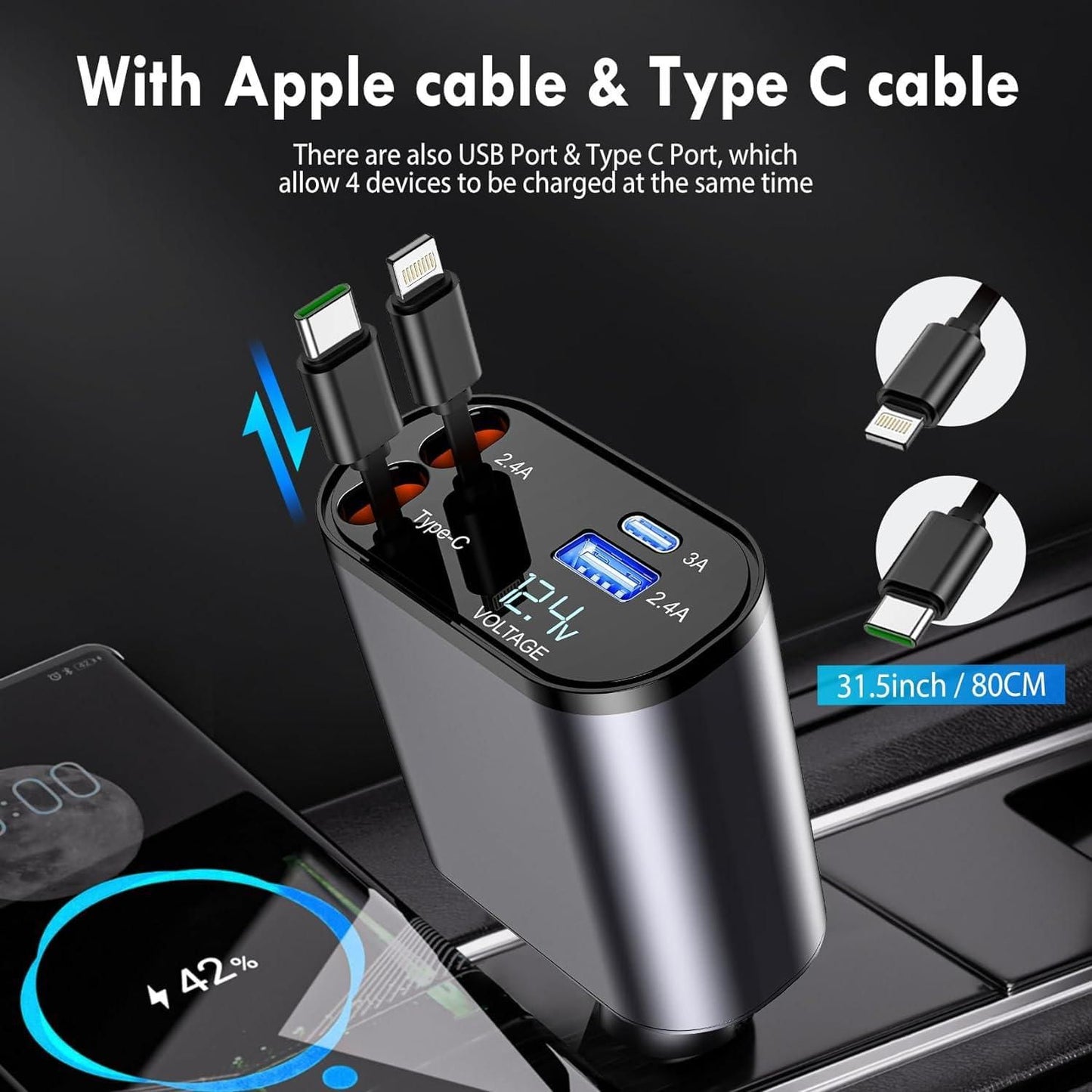 4 in 1 Retractable Car Fast Charger